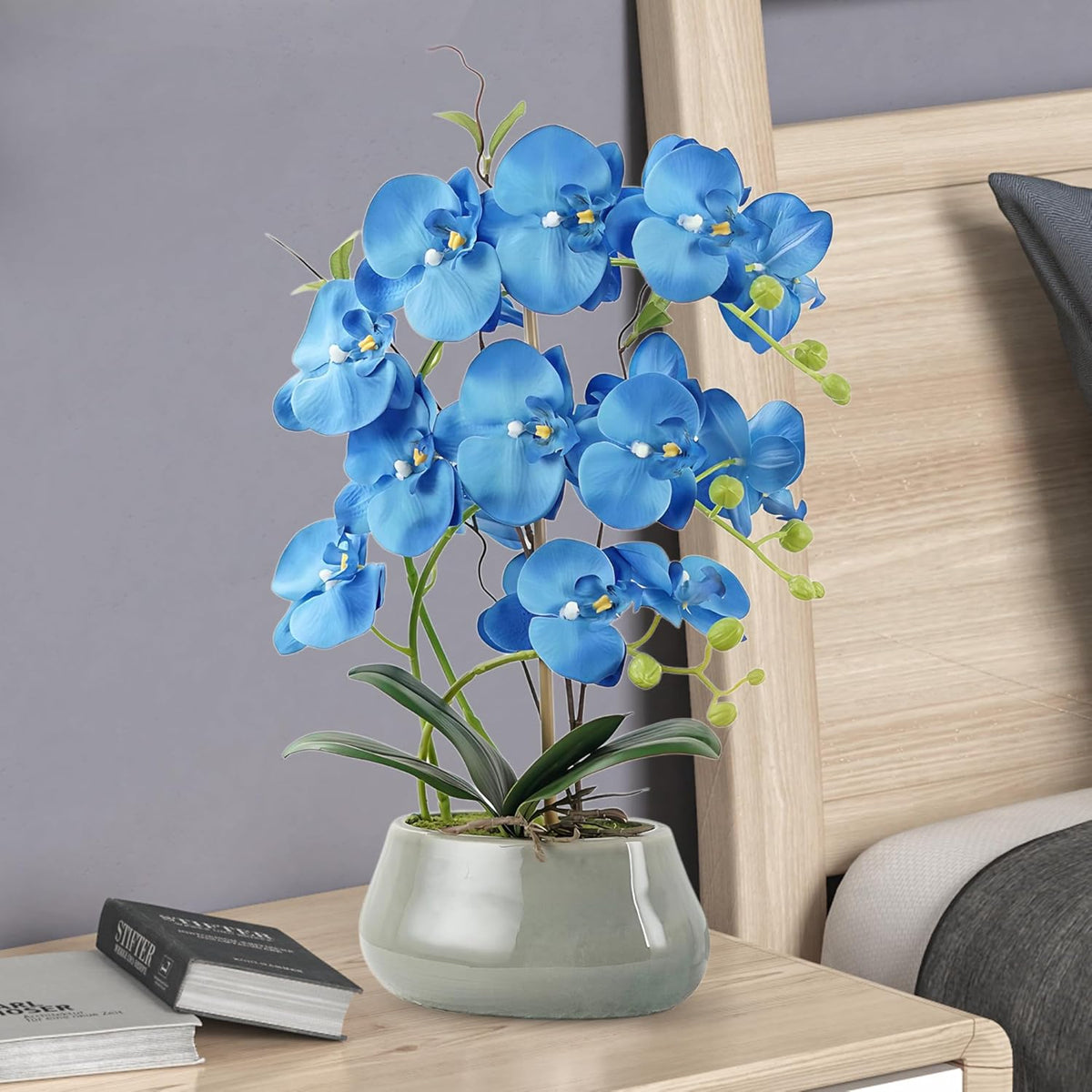 Orchid Artificial Flowers with Gray Vase Large Silk Faux Phalaenopsis Flowers for Dining Room Table Floral Centerpieces Indoor Decoration,Blue