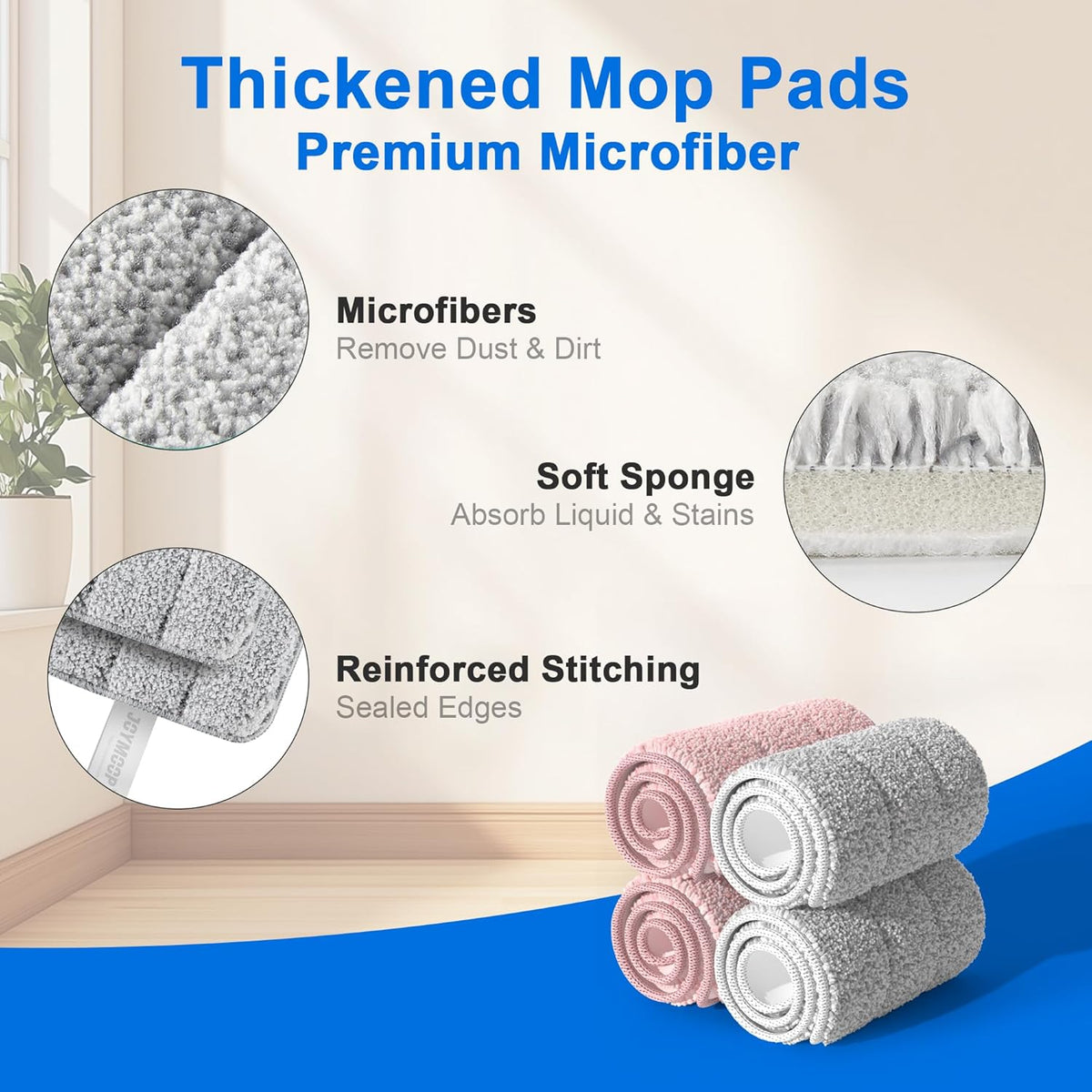 JOYMOOP Mop Replacement Pads, Reusable Microfiber Mop Pads for 13-inch Flat Mop and Mop Bucket Set, Pack of 4 Refills - Grey and Pink