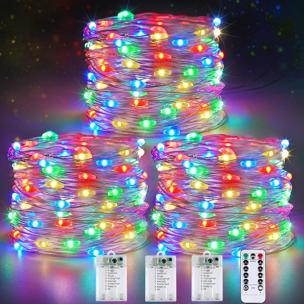 3 Pack Fairy Lights Battery Operated with Remote Control Timer, 26 FT 80 LED String Lights Outdoor Indoor, 8 Mode Twinkle Lights for Christmas Party Wedding Birthday Bedroom Decoration (Multicolor)