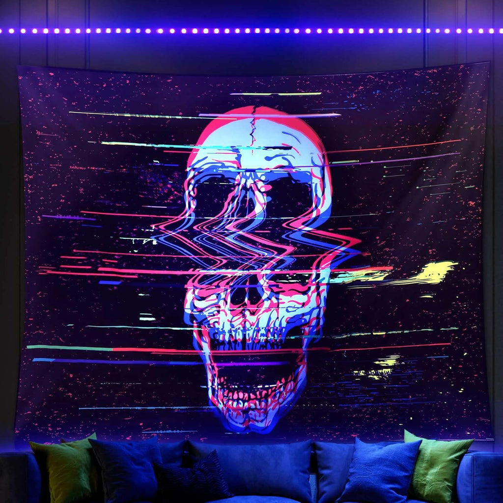 ADDWel Blacklight Skull Tapestry, Black Psychedelic Tapestry Glow In The Dark, UV Reactive Black Light Tapestries Posters Wall Hanging for Room Decor(50 * 60inches)