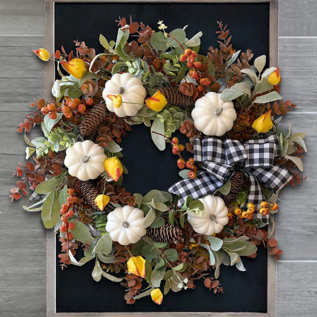 WANNA-CUL 24 inch Large Farmhouse Fall Wreath Decor for Front Door with White Pumpkin,Cotton,Lamb's Ear and Eucalyptus Leaves,Harvest Door Wreath for Autumn or Thanksgiving Decorations