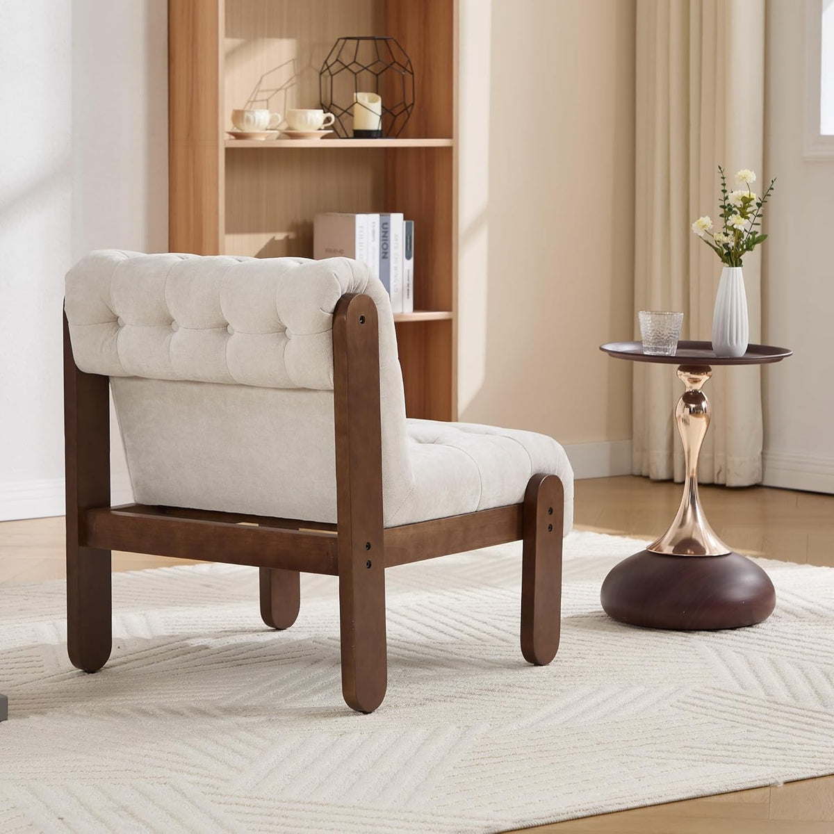 Modern Armless Accent Chair for Living Room, Soft Beige Linen Button Tufted Upholstered Lounge Reading Chair with Walnut Wood Frame