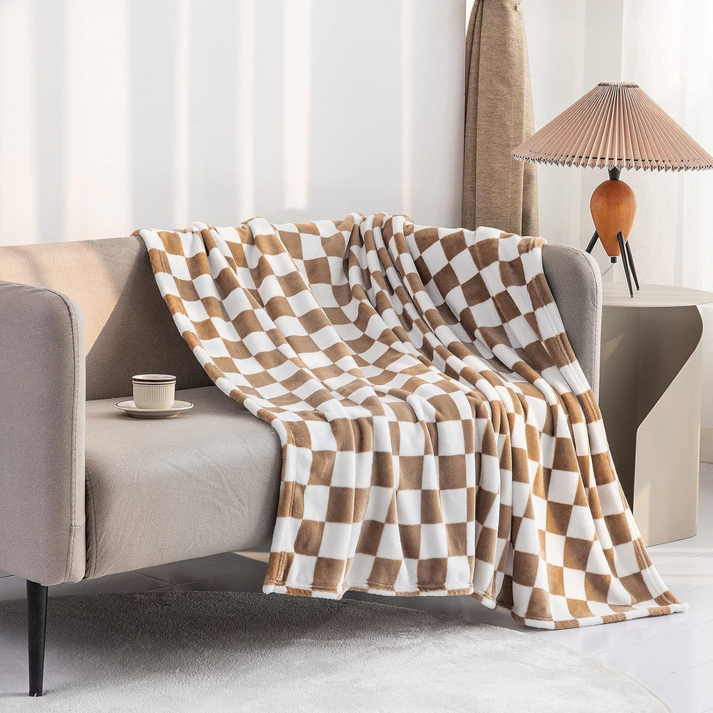 LOMAO Throw Blankets Flannel Blanket with Checkerboard Grid Pattern Soft Throw Blanket for Couch, Bed, Sofa Luxurious Warm and Cozy for All Seasons (Khaki, 90"x90")