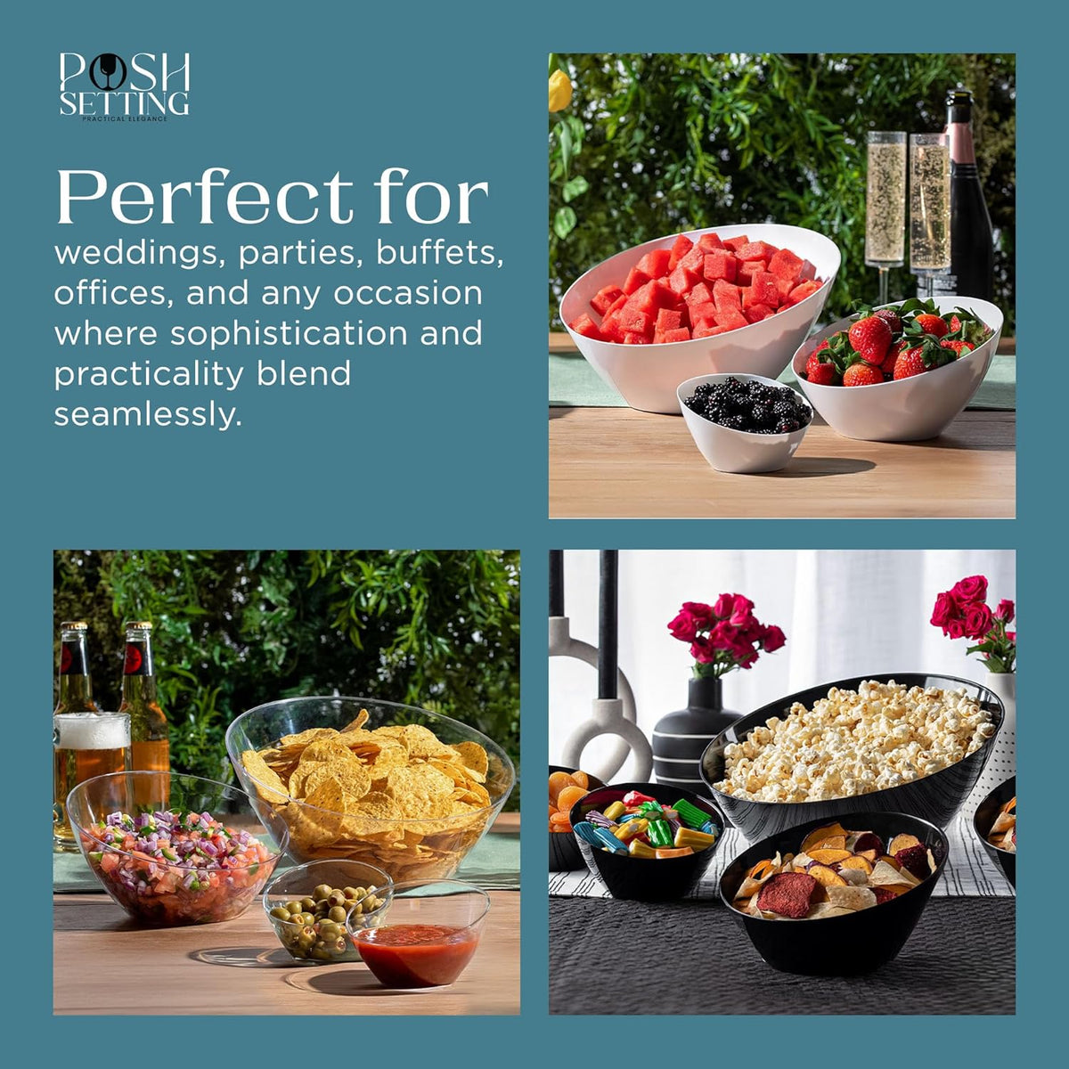 Posh Setting - Black Plastic Serving Bowls for Party - Angled, Disposable, Chip & Candy Bowls - 20 OZ, 5 Pack