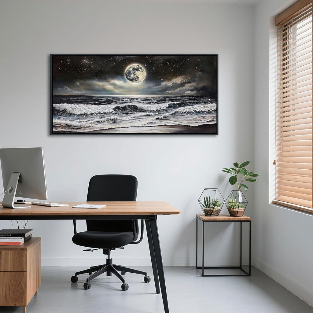 QZQCBLC Large Black Ocean Wall Art, White Sea Waves Moon Starry Clouds Canvas Print Paintings Artwork Beach Landscape Pictures for Living room Bedroom Home Office Wall Pictures Decor 24x48 IN