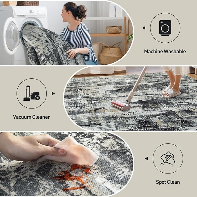 5x7 Area Rugs for Living Room: Washable Abstract Black Grey Gold Carpet | - Image 3