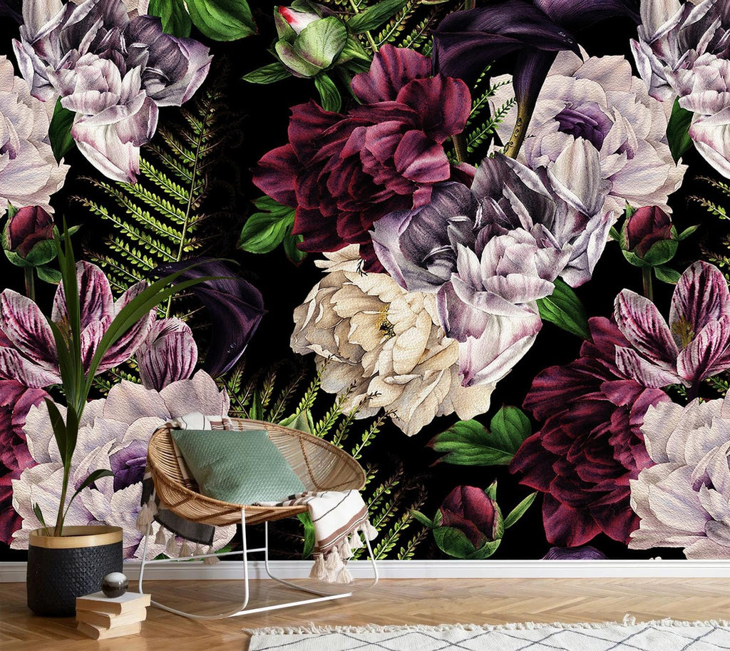 AFZEVEB-Purple Peony Wallpaper Watercolor Floral Wall Mural for Bedroom 136"x96"(Not Peel and Stick)