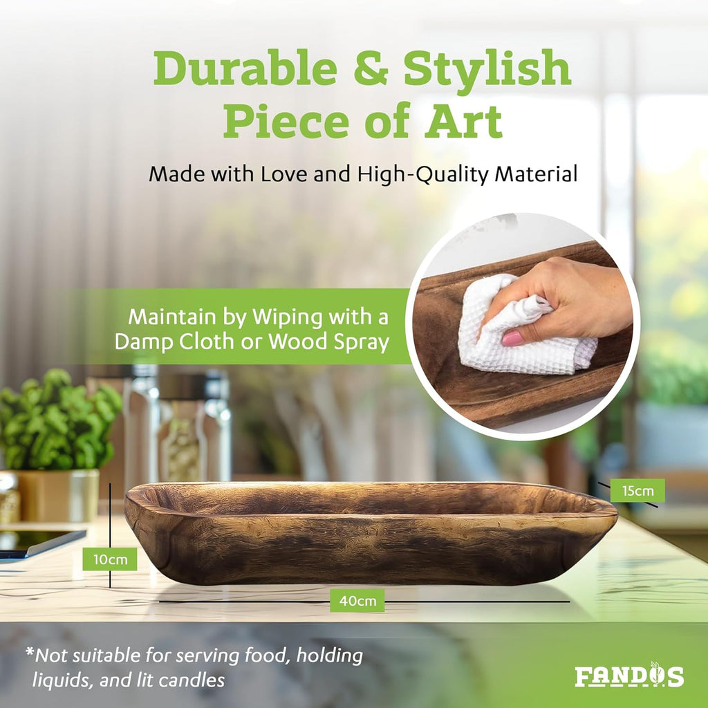Wooden Dough Bowl for Decor - 17¾ in Long Hand Carved Paulownia, Large Rustic Decorative Bowl for Home Table Centerpiece, Keys, Entryway Table, Catchall Tray & Wooden Dining Room Centerpiece