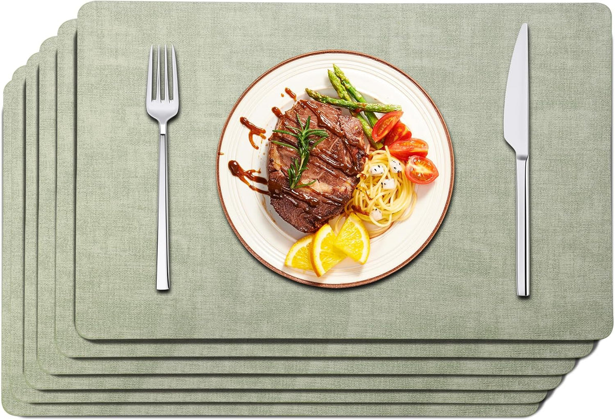 Maxpearl Faux Leather Placemats Set of 6 - Waterproof - Wipe Clean - Heat Resistant - Anti Slip Dining Table Place Mats, Suitable for Indoor & Outdoor Use, 17’’x12’’, Sage Green