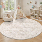 Round Area Rug for Living Room: 8ft Boho Washable Rug Beige Brown | Vintage - Image 5