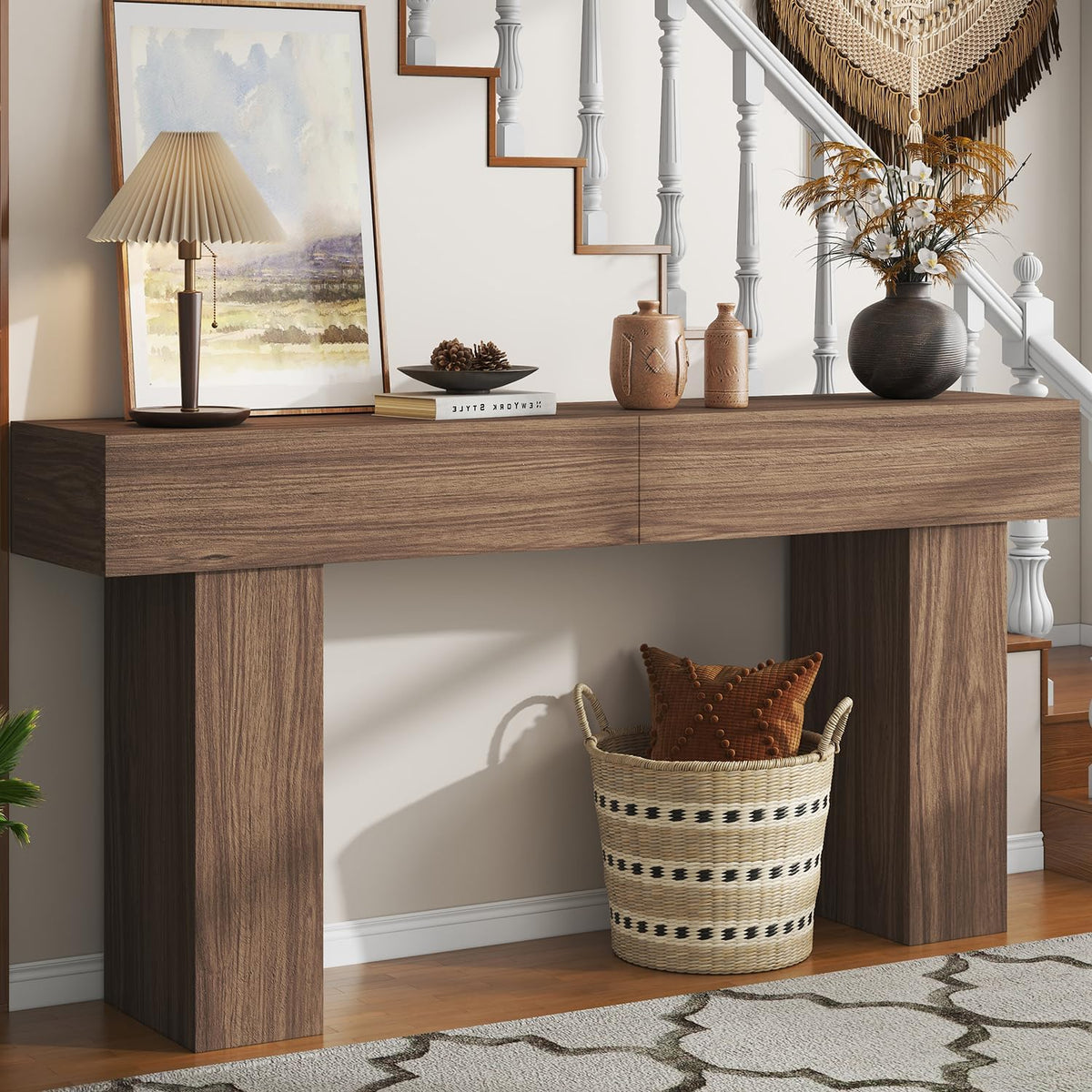 63 Inch Long Console Table for Entryway, Farmhouse Wood Rectangular Sofa Table Behind Couch Table, Narrow Entryway Table for Living Room, Entrance, Hallway, Foyer, Easy Assembly (Brown)