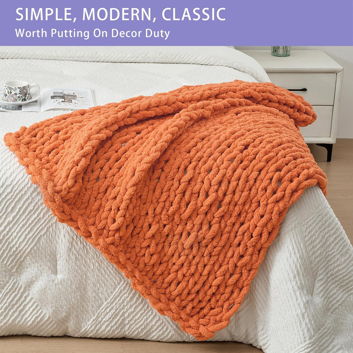 Bigacogo Chunky Knit Throw Blanket for Couch, 40x40 inches, 100% Hand Knitted with Thick Jumbo Chenille Yarn, Cozy Soft Large Rope Knot Cable Crochet Blankets for Sofa Bed Living Room, Terracotta