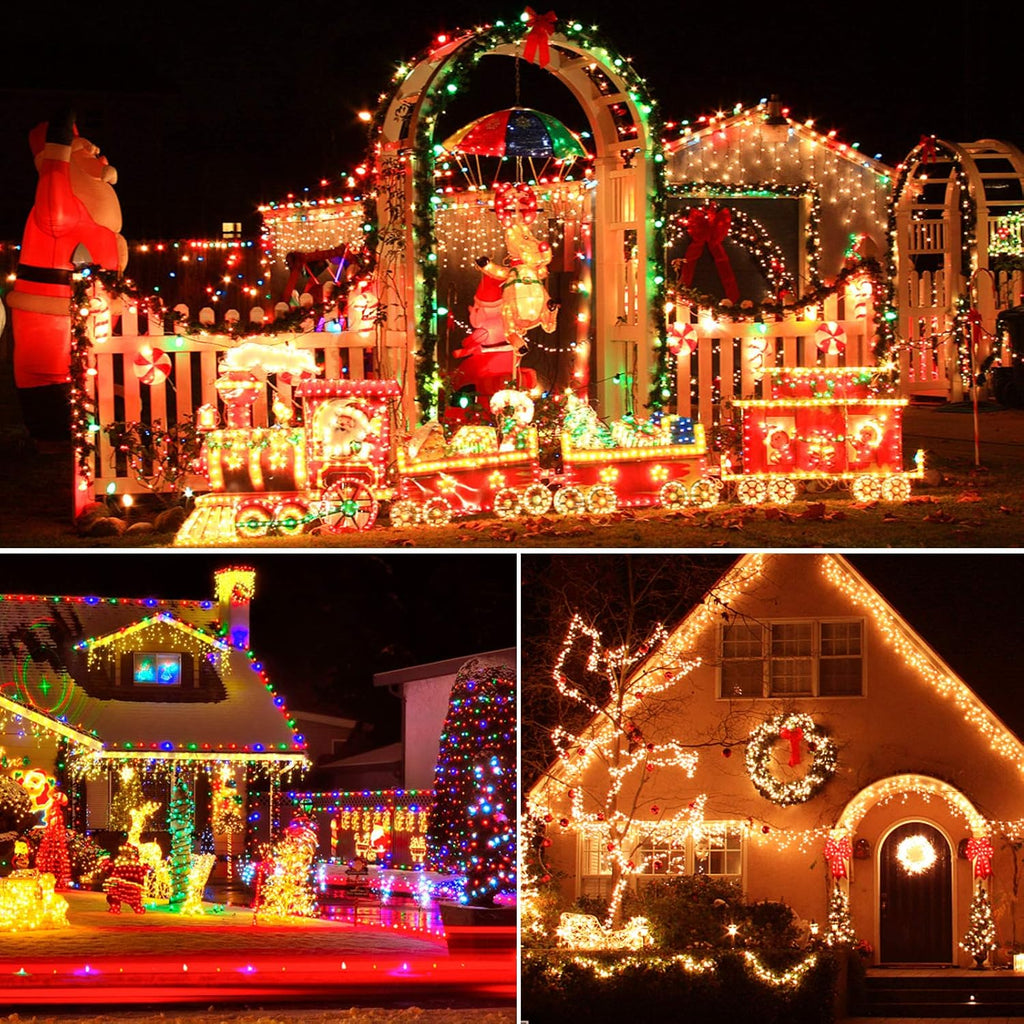 XTF2015 Christmas Outdoor Indoor Lights, 105ft 300 LED End to End Connected 9 Modes Timer Remote Christmas String Lights for Trees, Patio, Garden, Party, Wedding, Holiday (Warm White + Multicolor)