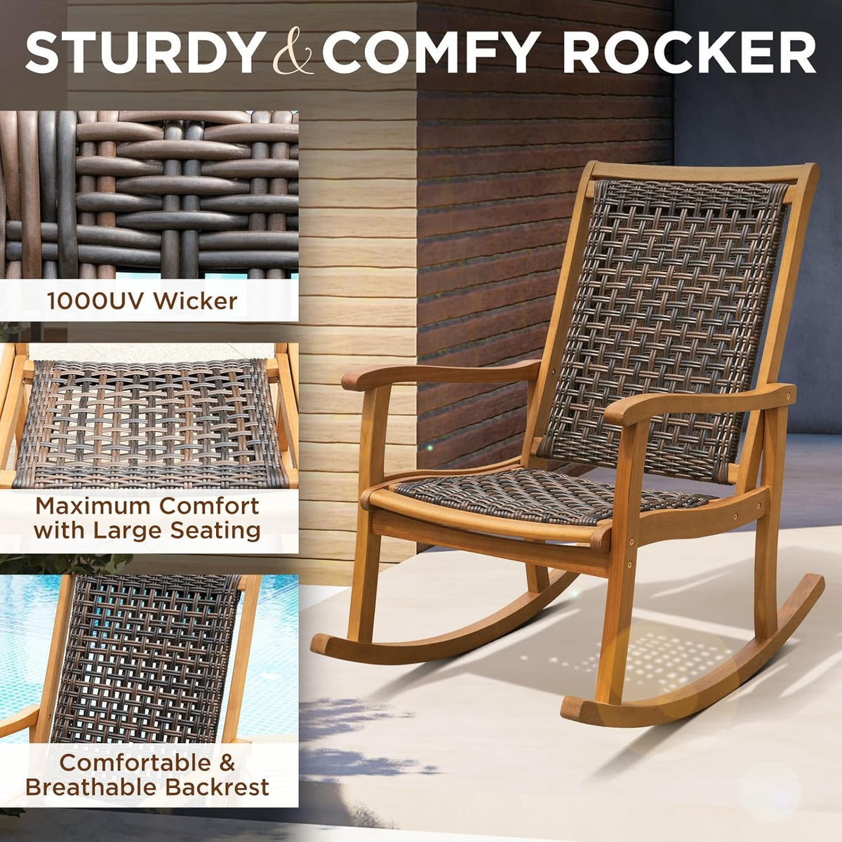 IDZO Wood Wicker Rocking Chair, 400 lbs Capacity, Durable Eucalyptus Wood, Natural Finish, Comfortable Curvy Design, Ideal for Deck, Patio Furniture, and Outdoor Furniture Accent Chair
