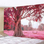 FENDROM Autumn Pink Flower Tapestry Window View Wall Hanging, Nature Forest Floral Trees Garden Scenic Tapestries for Living Room Home Office Dorm
