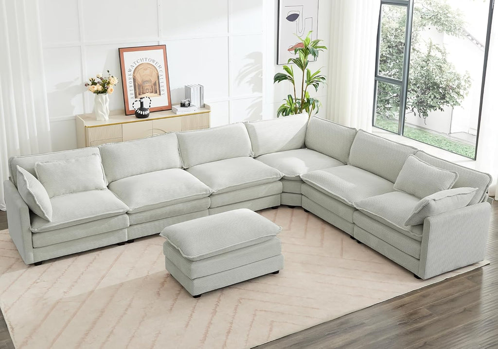 ROWHY 150'' Modular Sectional Sofa Cloud Couch, 7 Seater Big Comfy Corduroy L Shaped Couch with 4 Pillows, Chaise, Ottoman, Deep Seat Sectional Couches for Living Room Office, Light Grey
