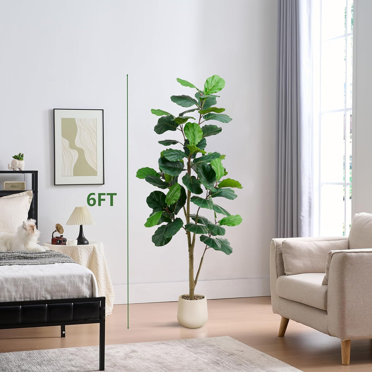 Artificial Fiddle Leaf Fig Tree, 6FT Tall Faux Ficus Lyrata Fake Tree in White Pot, Artificial Tree Indoor Decor, Fiddle Leaf Fig Tree Fake Plant for Home Office Living Room Decoration Modern