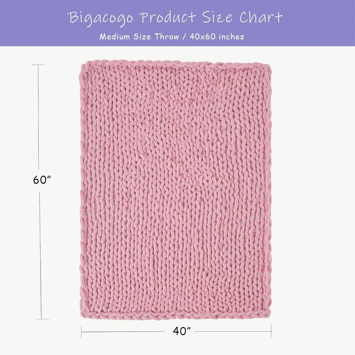 Bigacogo Chunky Knit Throw Blanket for Couch, 40x60 inches, 100% Hand Knitted with Thick Jumbo Chenille Yarn, Cozy Soft Large Rope Knot Cable Crochet Blankets for Sofa Bed Living Room, Blush Pink