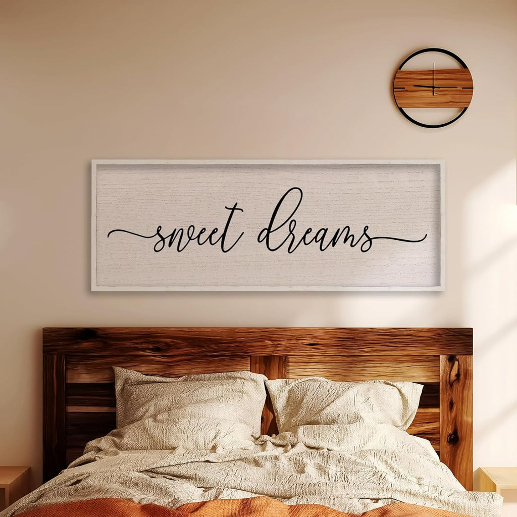 LuZhiQiang Sweet Dreams Wall Decor Sign 40"X15" Master Bedroom Over Bed Wall Wood Framed Art (White)