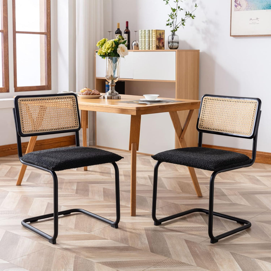 Mid Century Modern Rattan Dining Chairs Set of 4, Boucle Kitchen Chairs with Handwoven Mesh Rattan Backrest and Metal Legs, Upholstered Accent Side Chairs, Black