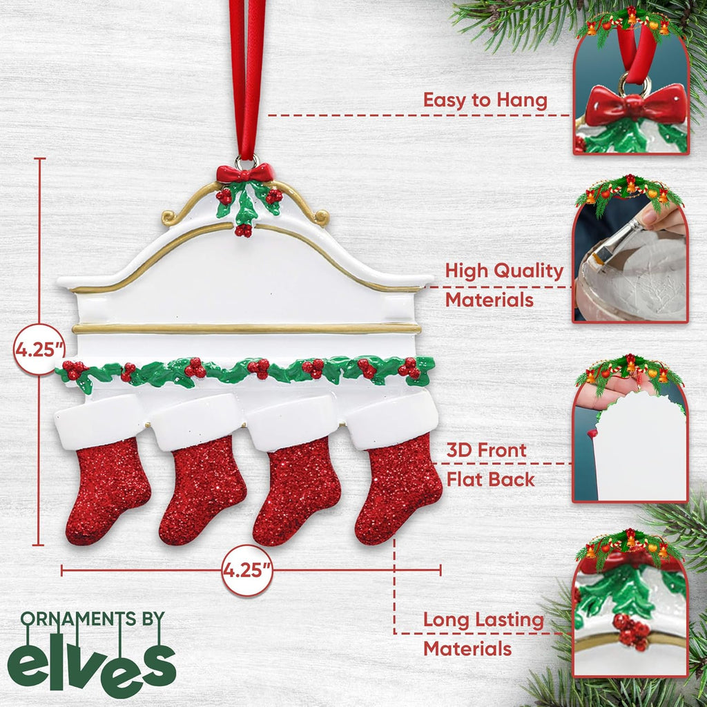 3D White Mantle Family of 4 Christmas Ornament 2025 Personalized Family Christmas Ornaments 2025 | Garland Fireplace Personalized Tree Ornaments Customizable Gifts Red Stockings of Four Ornament