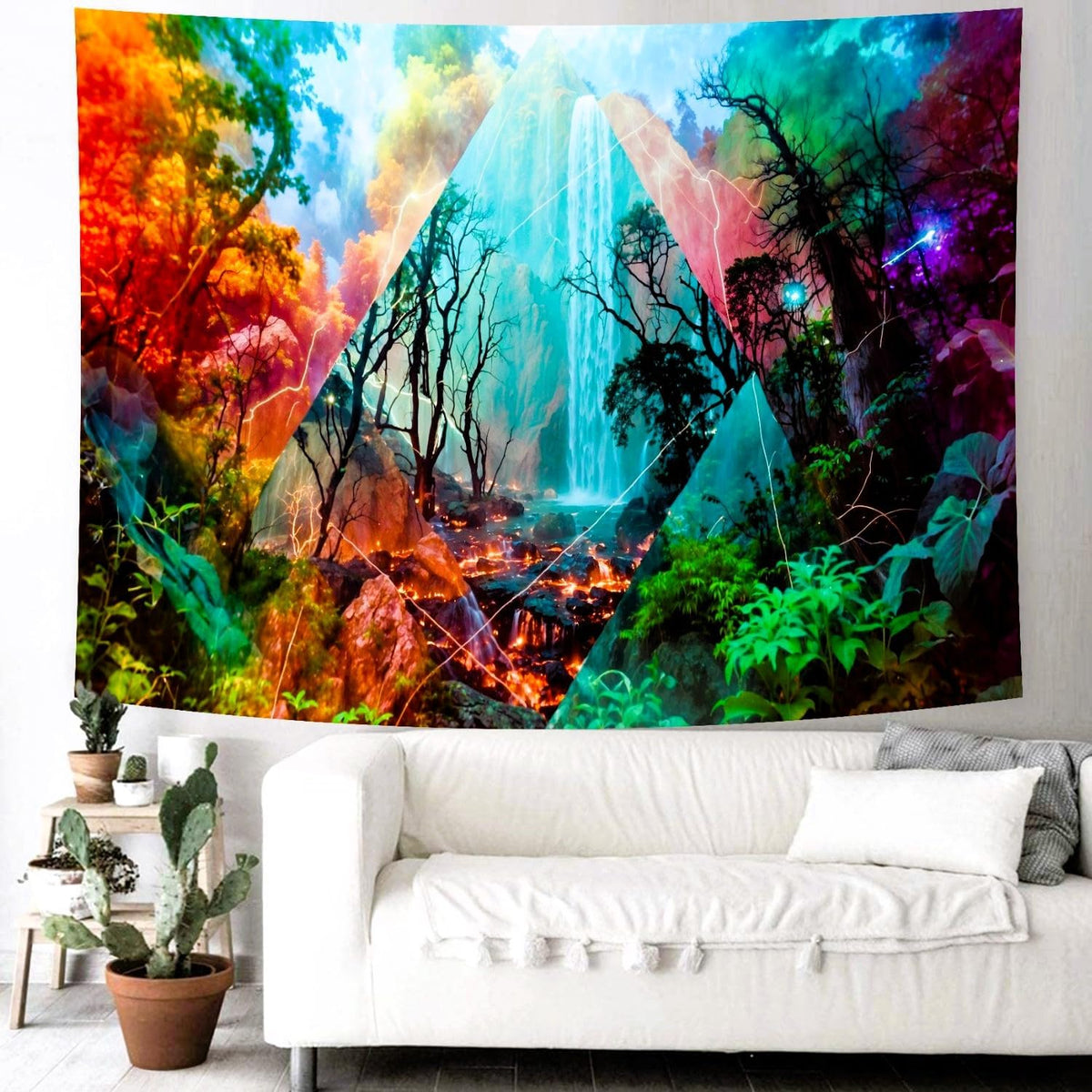 Delur Forest Tapestry Waterfall Mountain Rainforest Sunset Nature Tree Tapestry Wall Hanging Scenic Tropical Landscape Natural Sunrise Headboard for Bedroom Living Room Home Decor (59.1" x 78.7")