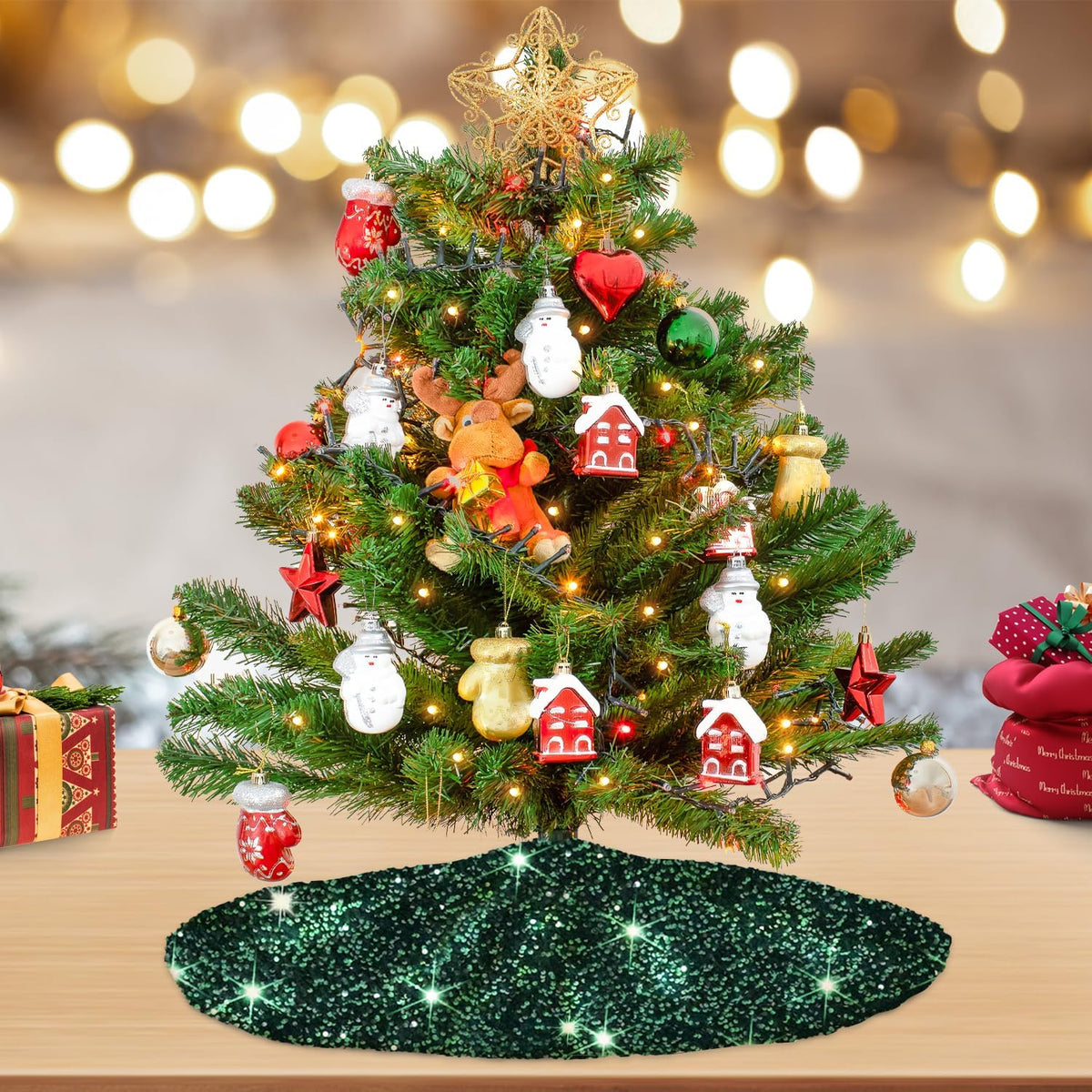 MODFUNS Sequin Christmas Tree Skirt 21 Inches Green and Black Rustic Velvet Tree Skirt for Table Top Trees Artificial Metallic Tree Mats Mini Xmas Tree Skirts Cover for Christmas Festive Decorations