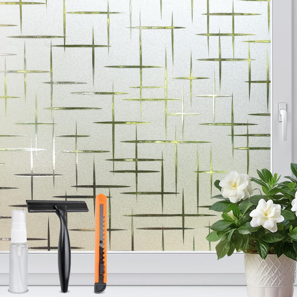 HIDBEA Window Privacy Film, Decorative Staic Cling Frosting Film, Heat Control UV Blocking Non-Adhesive Window Sticker for Home, Cross Pattern,35.4 X 78.7 Inches