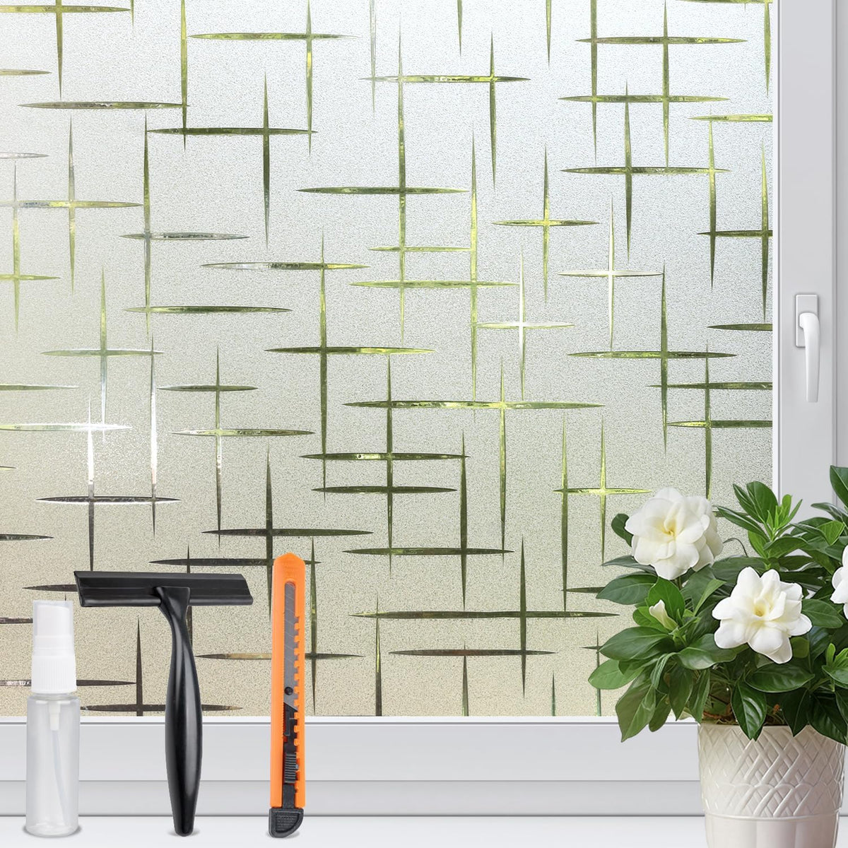 HIDBEA Window Privacy Film, Decorative Staic Cling Frosting Film, Heat Control UV Blocking Non-Adhesive Window Sticker for Home, Cross Pattern,17.5 X 78.7 Inch