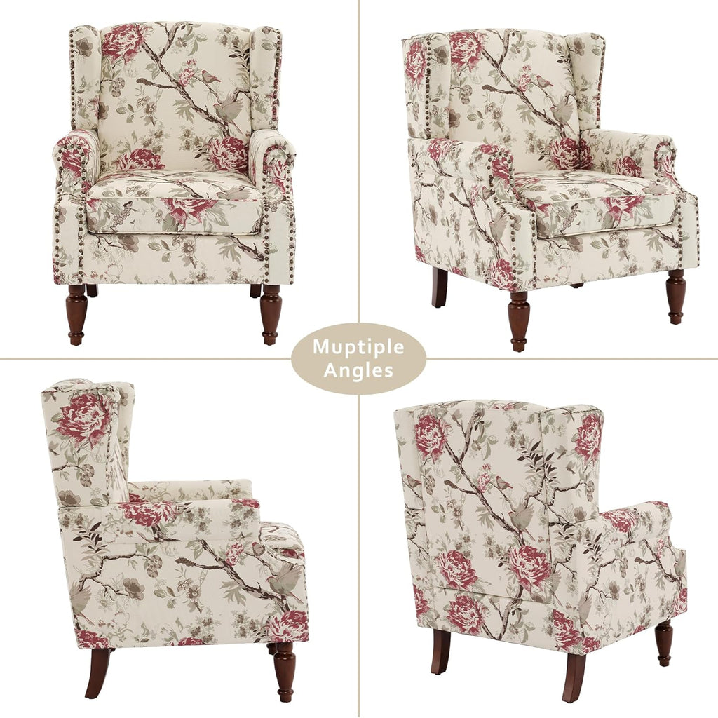 Lumibee Wingback Accent Chair, 2 Set High Back Floral Armchairs in Fabric,Comfy Upholstered Reading Single Sofa Chairs with Solid Wood Legs for Living Room,Bedroom,Office-Floral Beige