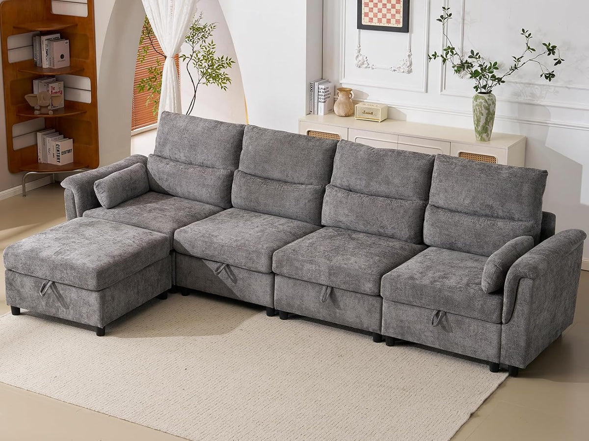 132'' Oversized Modular Sectional Sofa, L Shaped Comfy Cloud Sectional Couch with Storage, 5 Seat Extra Deep Seat Modular Sofas with Throw Pillows for Living Room, Grey