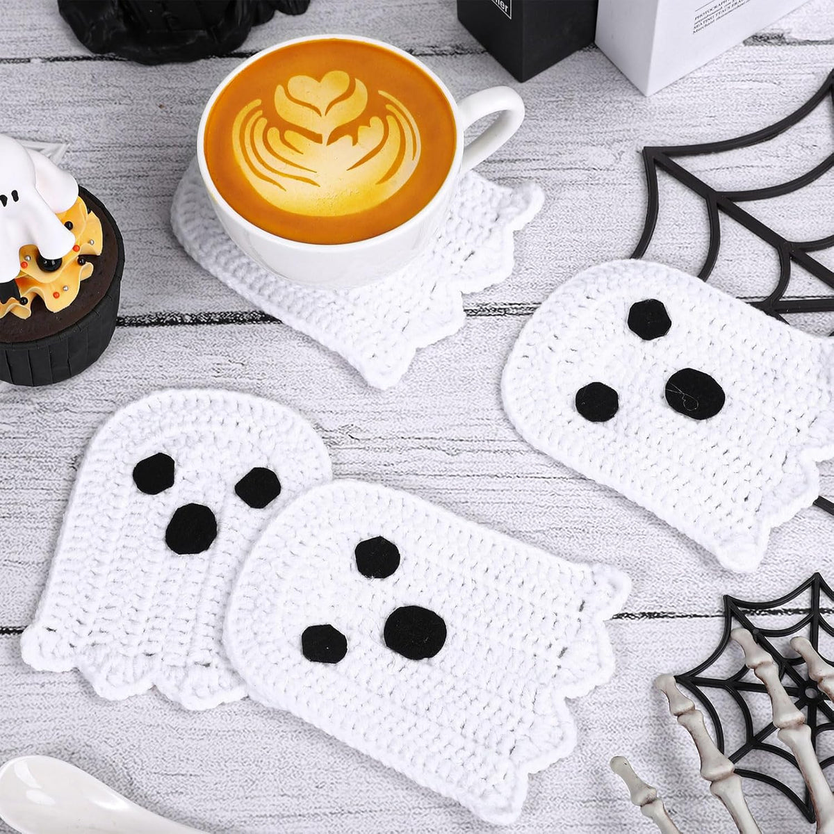 Whaline 4Pcs Halloween Ghost Coasters Handmade Crochet Drink Coasters Woven Fabric Cup Mat for Home Kitchen Party Table Decor