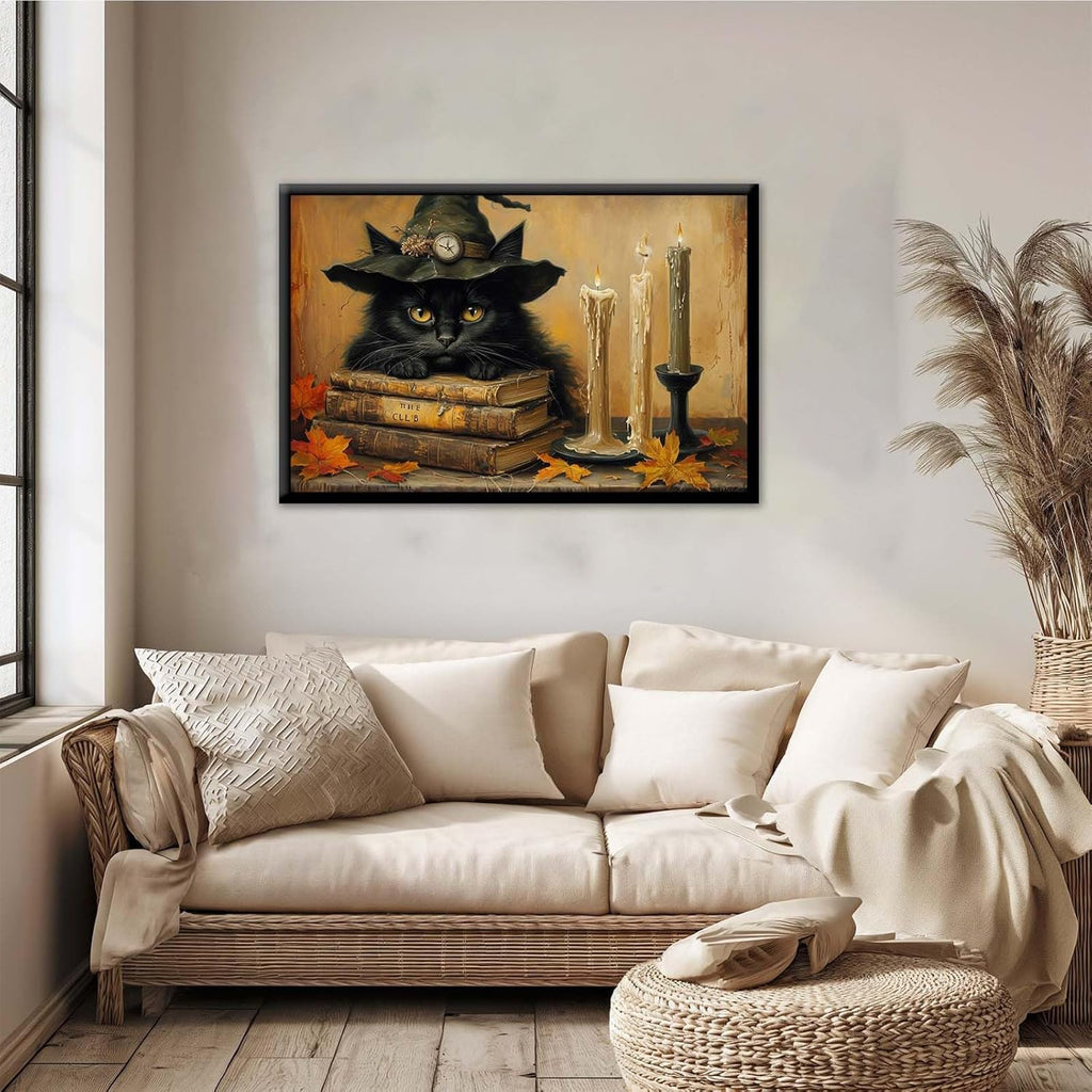 JFHCQJPK Vintage Halloween wall decoration black cat and magic book suitable for home bedroom living room decoration dark classic art witch wall decoration16x24in Metal blackFramed