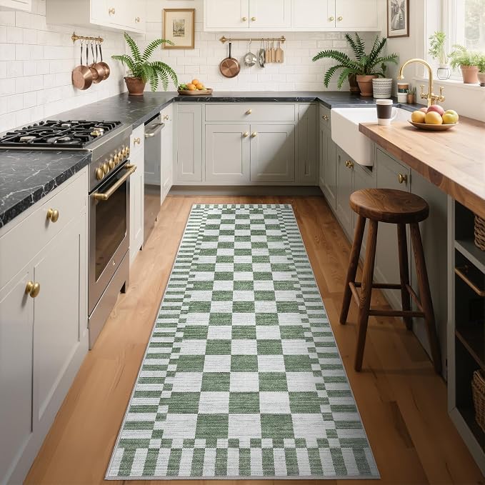 GarveeHome 2.5x10 Green Checkered Kitchen Runner Rug by GarveeHome