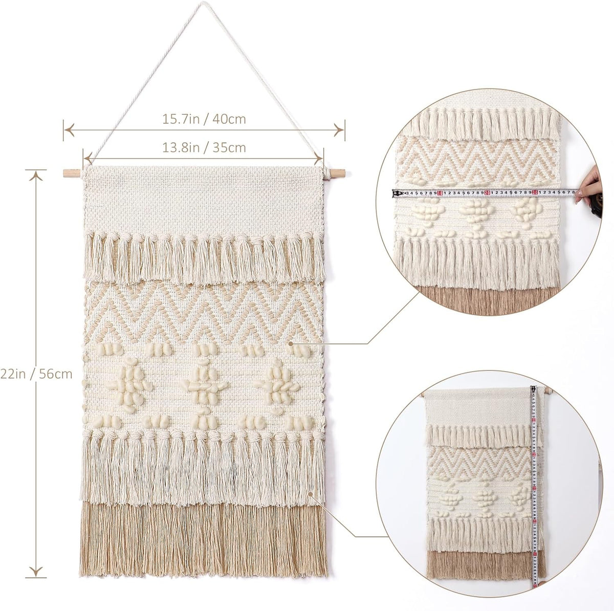 Dremisland Macrame Woven Wall Hanging Home Decor Bohemian Beige Geometric Wave Art Decor with Wool Ball and Tassle-Elegant Apartment Bedroom Dorm Room Door Decoration, 15.7" W x 22" L (Beige Wool Ball)