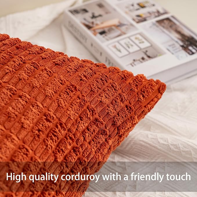 Pack of 2 Corduroy Decorative Throw Pillow Covers 22x22 Inch, Wine Red | Fall - Image 2