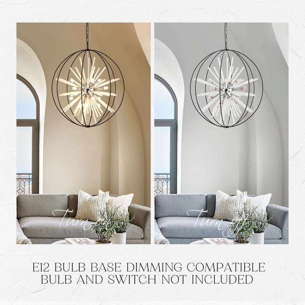 31.5" Black Chrome 16-Light Globe Sputnik Chandelier Modern Adjustable Hanging Ceiling Glass Tube Pendant Light Fixture for Entryway Foyer Stairway Dining Living Room Hallway