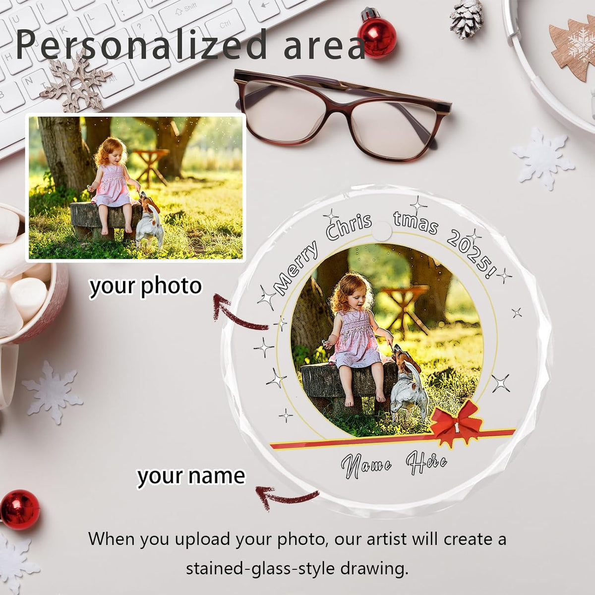 Personalized Christmas Ornaments, Custom Glass Ornament with Name/Photo/Text,Customized Christmas Tree Decor Gifts for Family, Dad, Mom, Him, Her, Couple, Red Ribbon