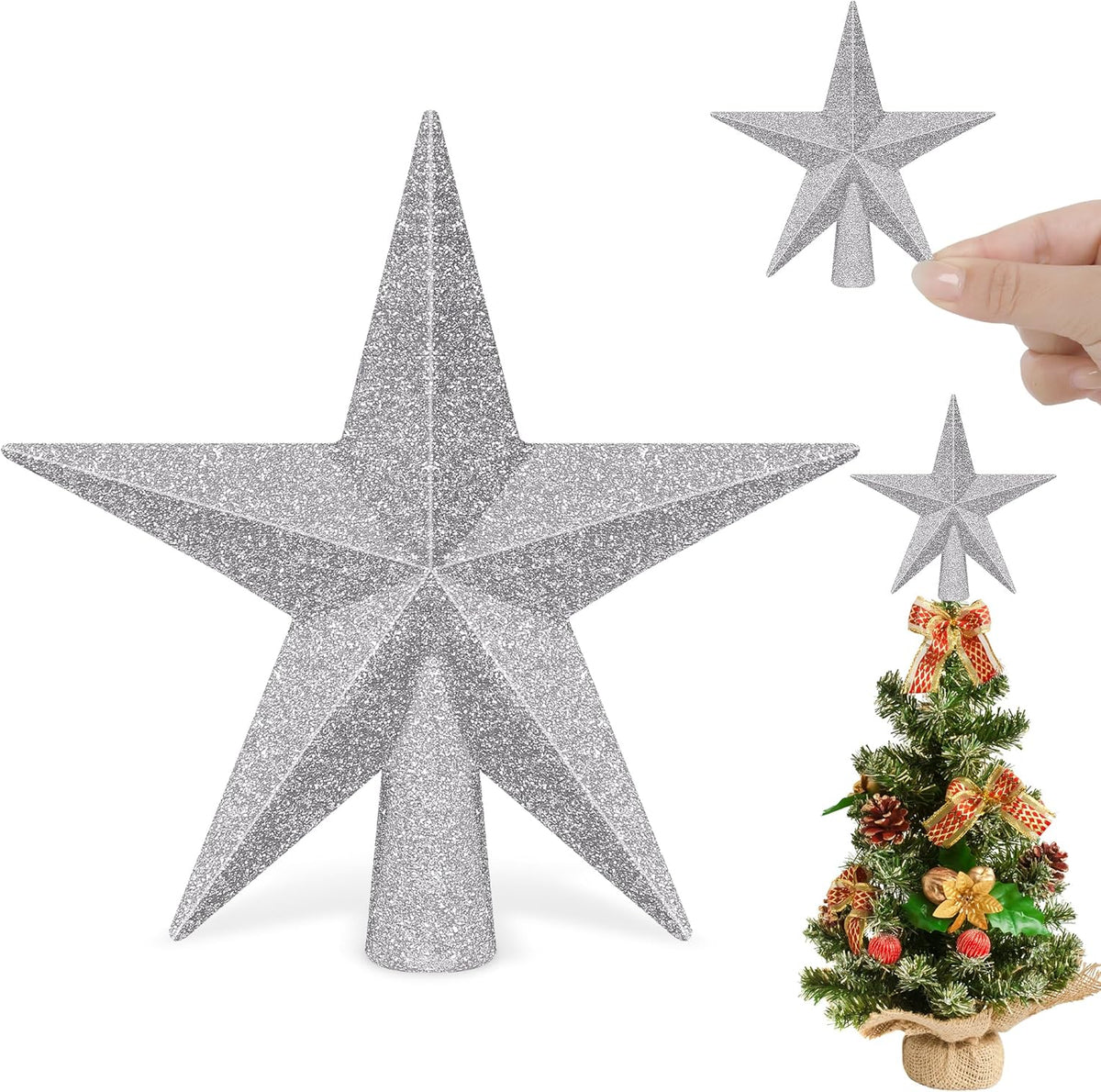 1PCS Tree Topper, 4" Star Christmas Tree Topper Glitter Sliver, Mini Bethlehem Star Xmas Shatterproof Tree Topper Decorations, Waterproof Christmas Decor for Holiday Home Indoor & Outdoor Ornament