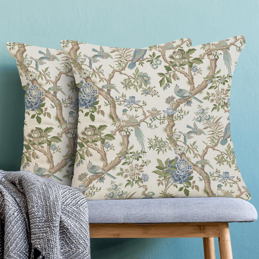 CXMEIFLY Chinoiserie Spring Pillow Covers 22 x 22 Inch Set of 2 for Blue Sage Green Vintage Flowers Bird Decor Throw Pillows Plant Farmhouse Outdoor Decorative Cushion Cases for Couch Bed Decorations