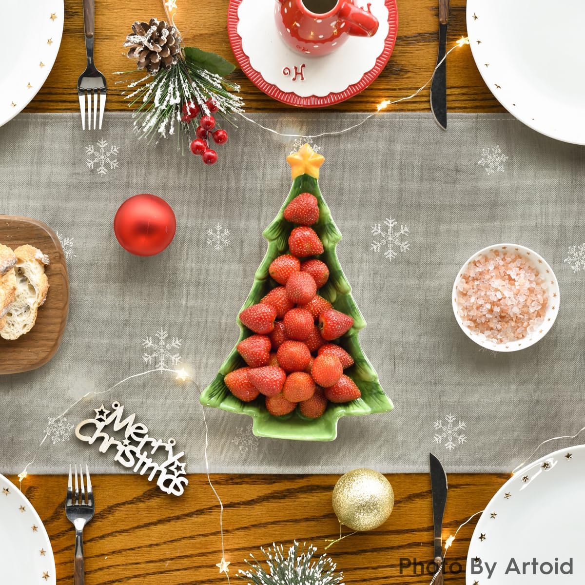 Artoid Mode Xmas Trees Snowflakes Gray Pink Merry Christmas Table Runner, Winter Seasonal Kitchen Dining Table Decoration for Home Party Decor 13x72 Inch