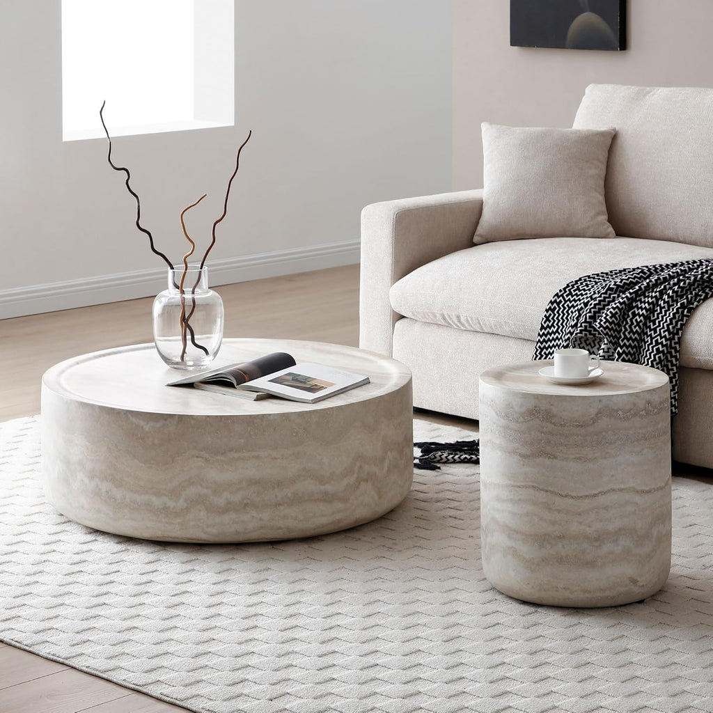 Coffee Table and Side Table Set, Round Faux Marble Coffee Table Set of 2 for Living Room, Luxury Circle End Table Modern Drum Center Tables for Apartment Office