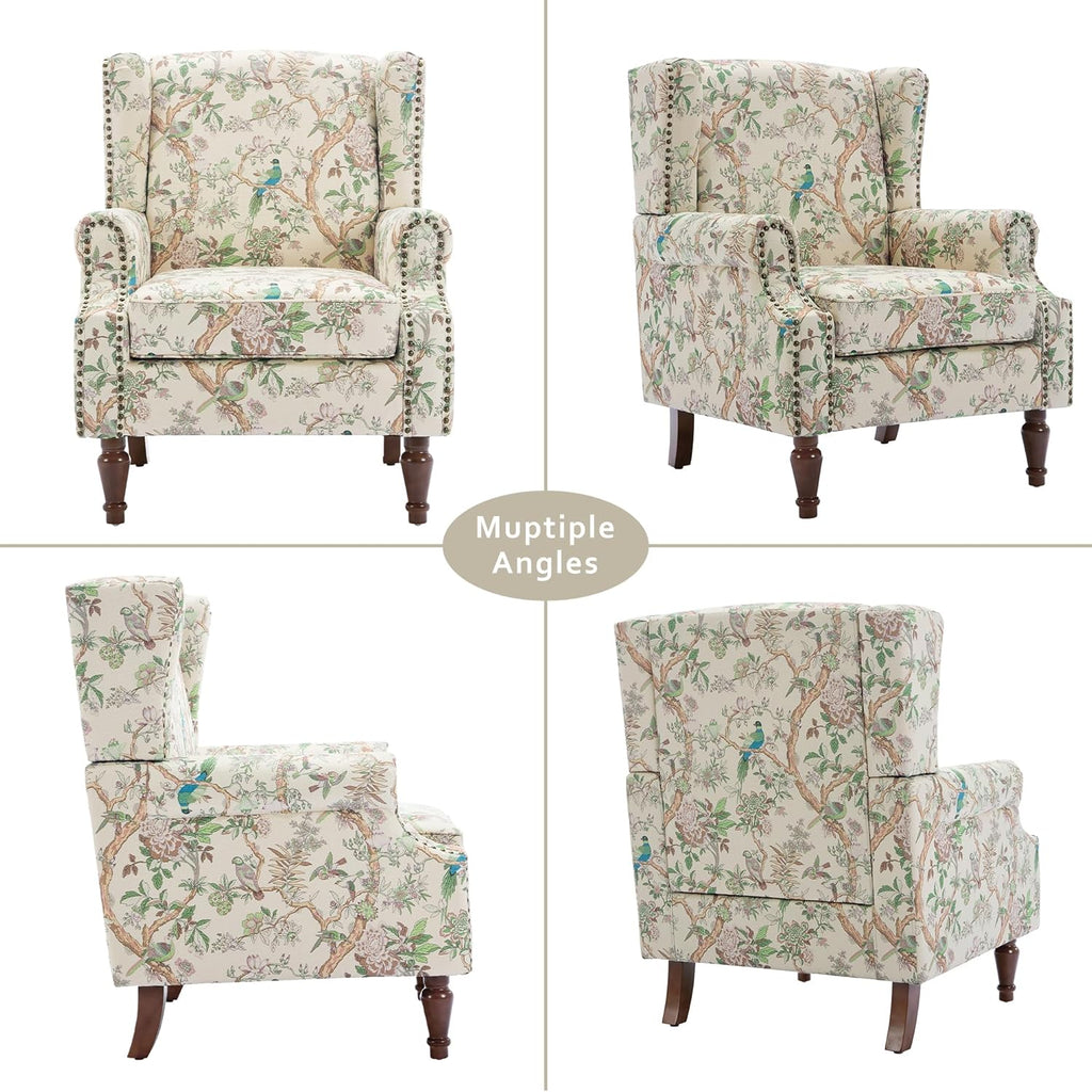 Lumibee High Back Accent Chair, Armchair in Fabric,Comfy Upholstered Wingback Single Sofa Reading Chair with Solid Wood Legs for Living Room,Bedroom,Office-Bird