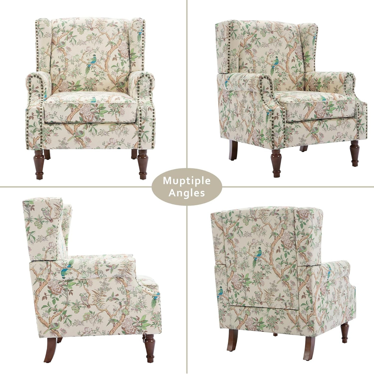 Lumibee High Back Accent Chair, Armchair in Fabric,Comfy Upholstered Wingback Single Sofa Reading Chair with Solid Wood Legs for Living Room,Bedroom,Office-Bird
