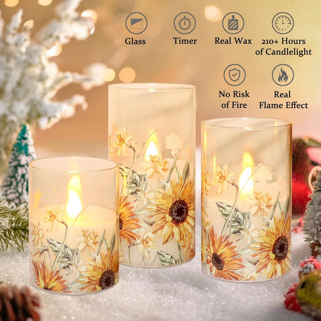 MELTONE Autumn Sunflower Flameless Candles Remote Real Wax Flickering Battery Operated Glass Candles - Home Party Bedroom Birthday Christmas Summer Fall Decorations