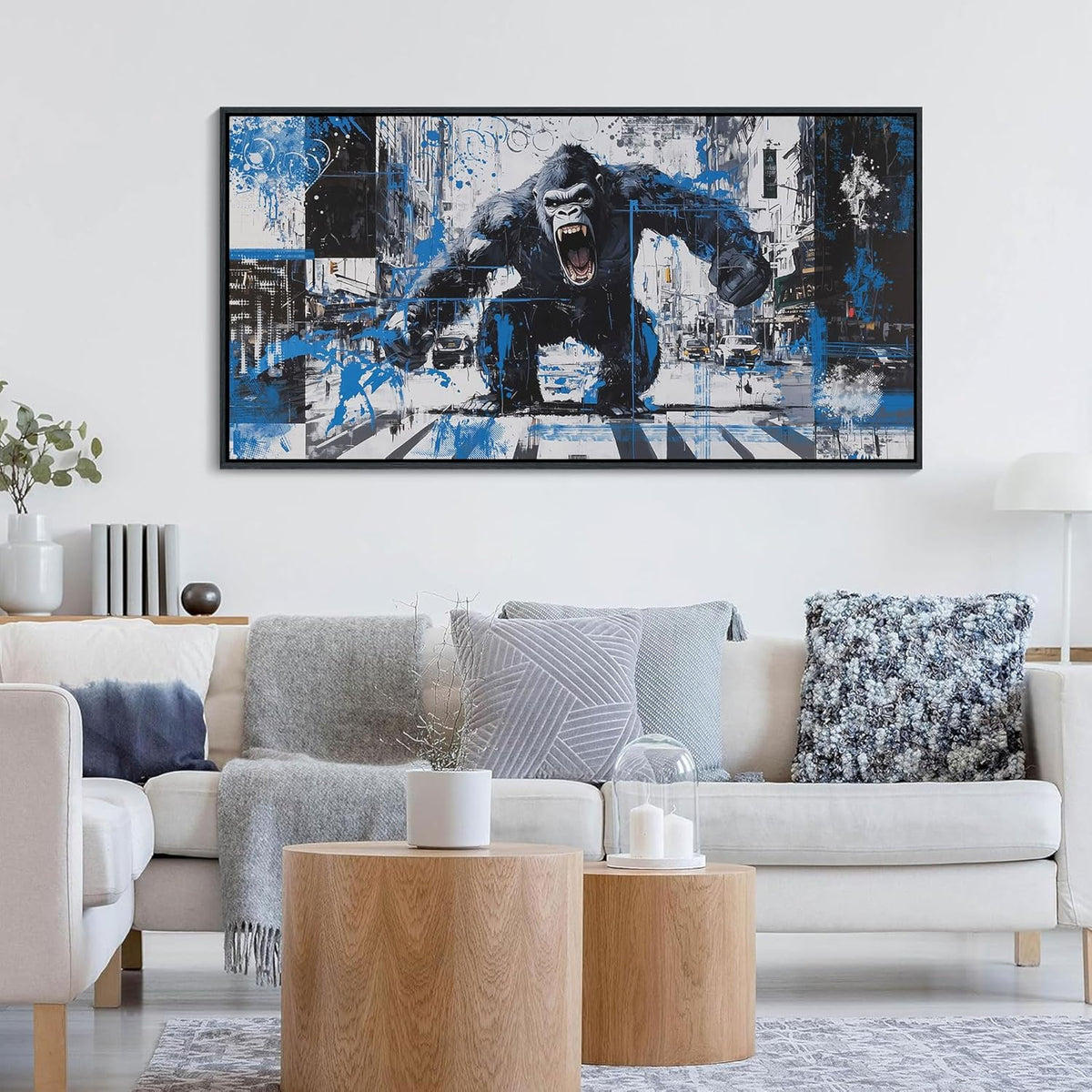 JEAWA Canvas Framed Wall Art, Large 24x48 IN Angry Gorilla Abstract City Street Graffiti Pop Paintings Black and White Modern Picture for Living Room Bedroom Men Teenage Study Home Office Decor