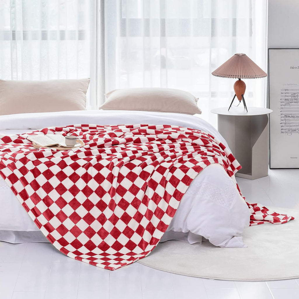 LOMAO Throw Blankets Flannel Blanket with Checkerboard Grid Pattern Soft Throw Blanket for Couch, Bed, Sofa Luxurious Warm and Cozy for All Seasons (Red, 50"x60")