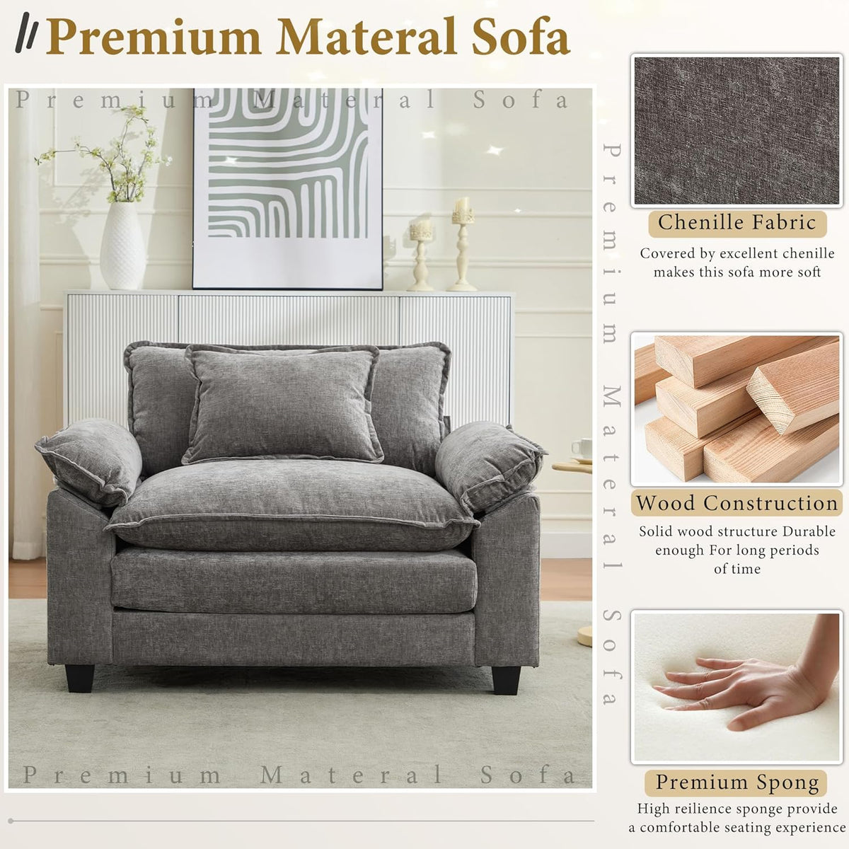 URRED Modular Sectional Sofa Comfy Cloud Couch, Modern Chenille Sofa Sleeper Deep Seat Couches with Ottoman/Pillows for Living Room (Gray, 53'')