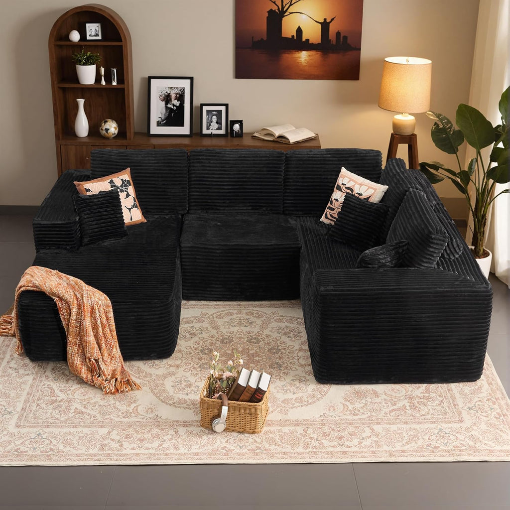 HOOOWOOO Cloud Sectional Couches for Living Room,Modular Sectional Sofa No Assembly,110X79 Inch Plush Corduroy Large U Shaped Floor Couch Set with Deep Seat Chaise(Black)