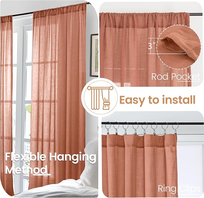 BGment Terracotta Linen Curtains 48 Inch Length, Burnt Orange Light Filtering - Image 6
